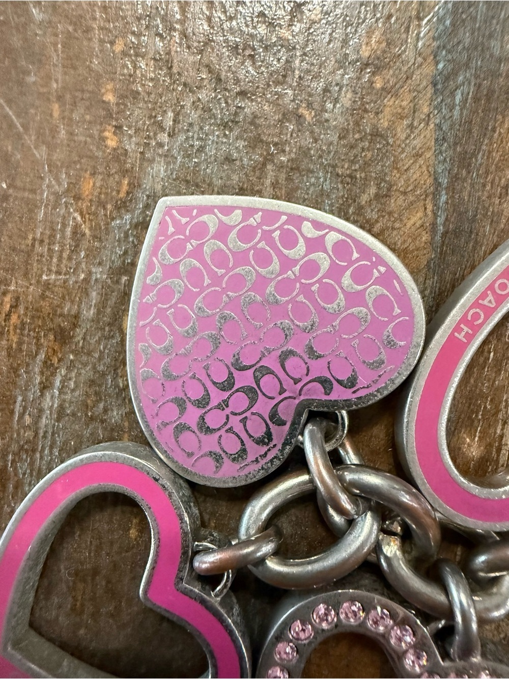Coach Pink Heart Charm Keychain Bag Charm Rhinestone Silver Tone Multi Heart EUC - Picture 4 of 8